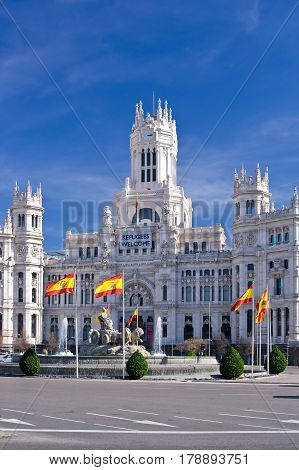 The Cybele Palace (Palacio de Cibeles) on Cybele square (Plaza de Cibeles) in Madrid Spain