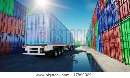 Truck in container depot, wharehouse, seaport. Cargo containers. Logistic and business concept. 3d rendering