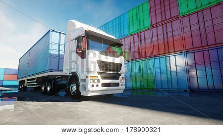 Truck in container depot, wharehouse, seaport. Cargo containers. Logistic and business concept. 3d rendering