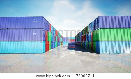 Container depot, wharehouse, seaport. Aeril view. Cargo containers. Logistic and business concept 3d rendering