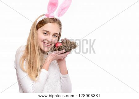 Happy Easter Girl In Bunny Ears With Red Painted Egg