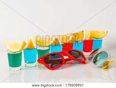 Glasses With Blue, Green And Red Kamikaze, Glamorous Drinks, Mixed Drink Poured Into Shot Glasses, S