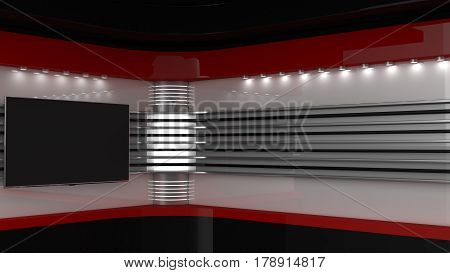 Tv Studio. Backdrop for TV shows .TV on wall. News studio. The perfect backdrop for any green screen or chroma key video or photo production. 3D rendering.