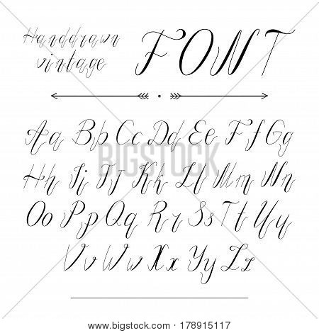 Handwritten lettering font alphabet made in vector. Font, typeface, modern style, vintage script. Hand drawn retro style calligraphic typeface for labels and any type designs.