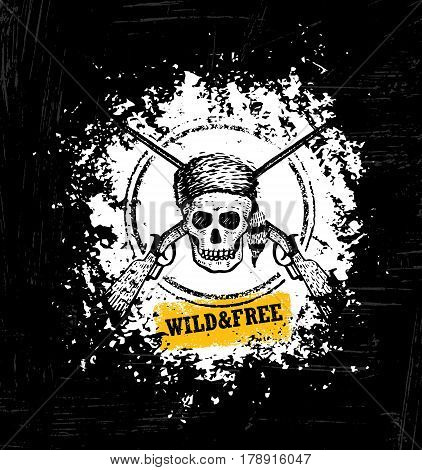 Wild And Free Skull Wearing Coonskin Hat With Two Crossed Rifles Illustration On Rough Grunge Background.
