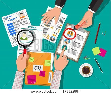 Human resources management concept, searching professional staff, work, hq, hard choice between three people, resume on desk, pen, coffee cup. Vector illustration in flat style