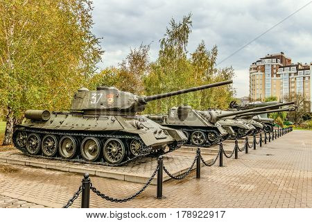 Belgorod Russia - October 08 2016: Outdoor area of the Museum diorama exhibition samples of Soviet military equipment during the second world war. In the foreground medium tank T-34.