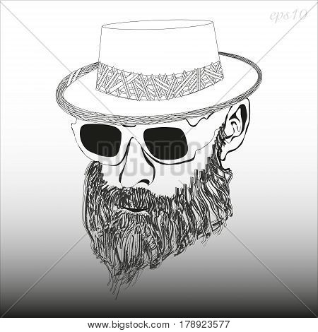 A man with a beard with glasses and a hat
Image of a black and white head of a man's headdress  dense beard style hipster stock vector illustration