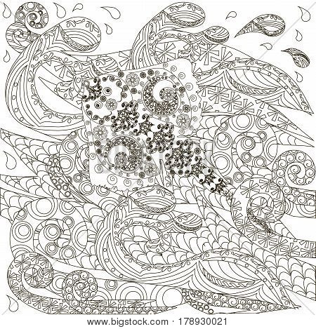 Hand drawn doodle stingray on waves, anti stress coloring page stock vector illustration