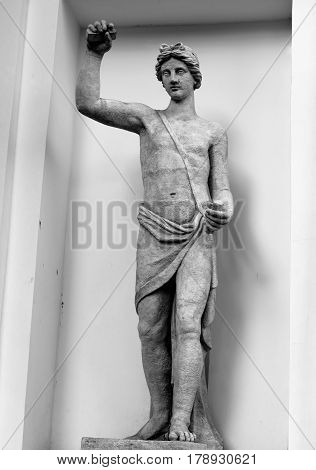 Statue of Apollon in St. Petersburg Russia. Black and white. Apollo - in ancient Greek mythology - the god of light as well as art music and poetry the leader of the Muses.