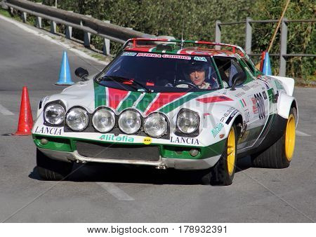 Ceranesi Italy - September 19, 2010- race speed 'uphill Ceranesi Praglia: The Lancia Stratos Mauro Borra of the racing team Favale '07, shooting in the race dutante the first test of speed'.