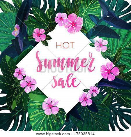 Summer tropical sale design with exotic palm leaves and pink flowers. Jungle floral template, vector illustration.