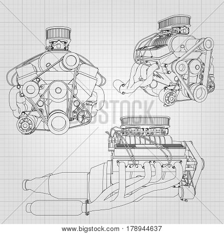A Set Of Several Types Of Powerful Car Engine. The Engine Is Drawn With Black Lines On A White Sheet