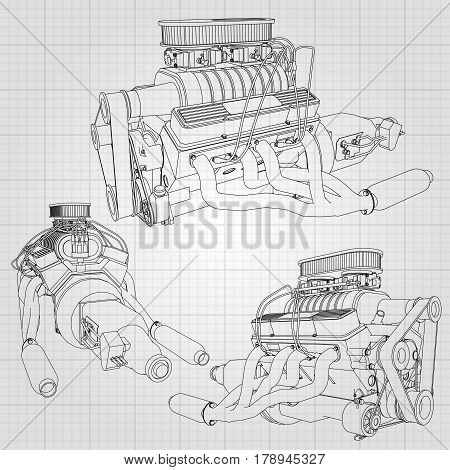 A Set Of Several Types Of Powerful Car Engine. The Engine Is Drawn With Black Lines On A White Sheet