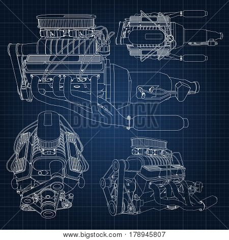 A Set Of Several Types Of Powerful Car Engine. The Engine Is Drawn With White Lines On A Dark Blue S