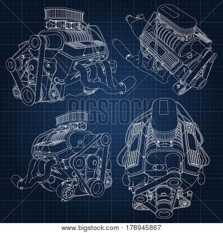 A Set Of Several Types Of Powerful Car Engine. The Engine Is Drawn With White Lines On A Dark Blue S