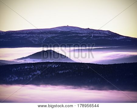 Winter Mountain Peak With Observatory Above Mist