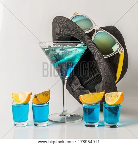 Colorful Drink In A Martini Glass, Blue And Green Combination, Four Drinks In A Shotglass, Black Hat