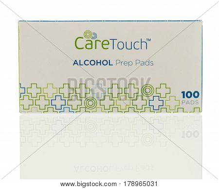 Winneconne WI - 27 March 2017: Box of alcohol prep pads made by Care Touch on an isolated background.