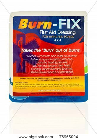 Winneconne WI - 27 March 2017: Package of Burn-Fix first aid dressing for burns and scalds on an isolated background.
