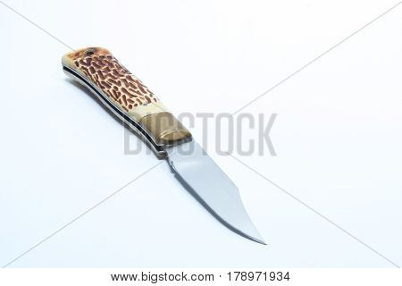 Vintage Pocketknife With Horn Handle And Brass Guard - White Background