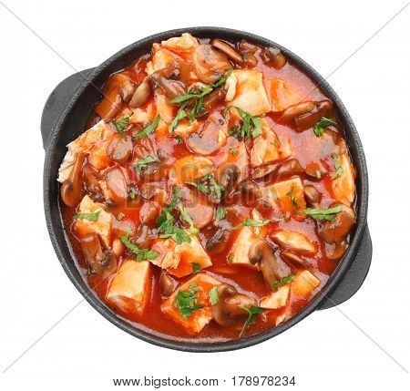 Chicken cacciatore in frying pan isolated on white