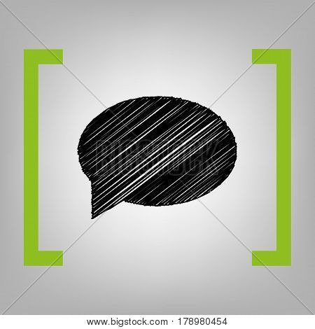 Speech bubble icon. Vector. Black scribble icon in citron brackets on grayish background.