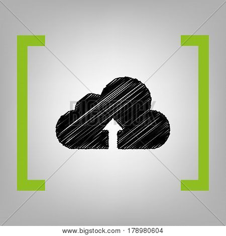 Cloud technology sign. Vector. Black scribble icon in citron brackets on grayish background.