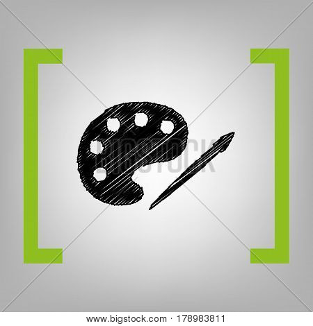 Palette and paint brush sign. Vector. Black scribble icon in citron brackets on grayish background.