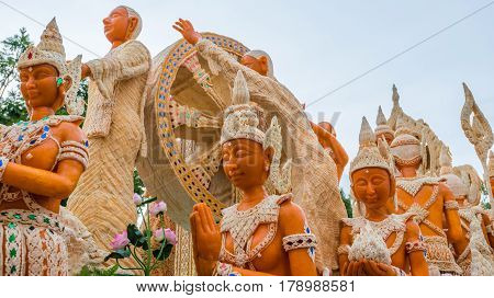 Thai literature goddesses made from wax for marhing in candle festival in Ubonratchthani Thailand