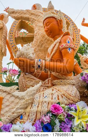 Thai literature goddess made from wax for marhing in candle festival in Ubonratchthani Thailand