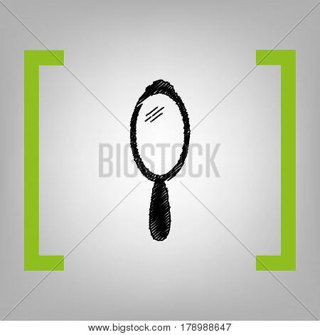Hand Mirror sign. Vector. Black scribble icon in citron brackets on grayish background.