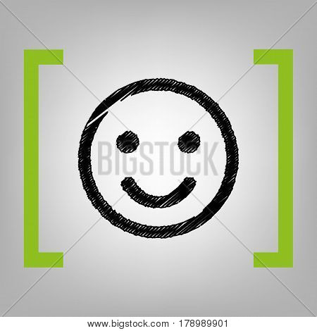 Fishing Hook sign illustration. Vector. Black scribble icon in citron brackets on grayish background.