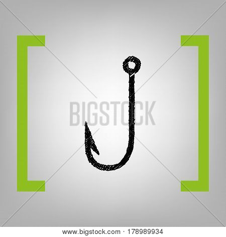 Fishing Hook sign illustration. Vector. Black scribble icon in citron brackets on grayish background.