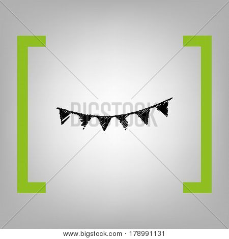 Holiday flags garlands sign. Vector. Black scribble icon in citron brackets on grayish background.