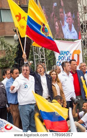 Quito, Ecuador - March 26, 2017: Guillermo Lasso, candidate for the CREO movement, along his binomial, Andres Paez during electoral campaign.