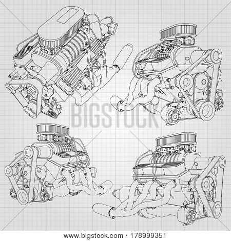 A Set Of Several Types Of Powerful Car Engine. The Engine Is Drawn With Black Lines On A White Sheet