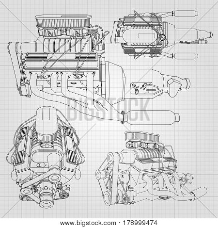 A Set Of Several Types Of Powerful Car Engine. The Engine Is Drawn With Black Lines On A White Sheet