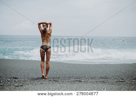 Woman Stay On Tropical Beach Black Sand Nacked