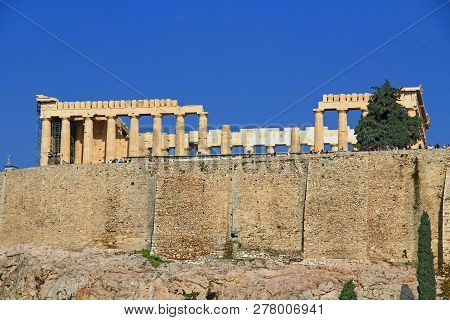 Athens, Attica, Greece - October 17, 2018:  Looking Up At The Parthenon Above The Support Wall On Th
