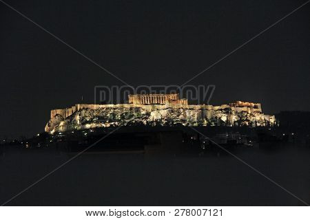 Looking Up At The Parthenon Above The Support Wall On The Acropolis In Athens, Greece With A Black N