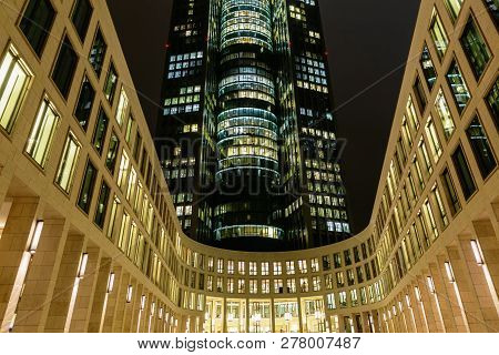 Frankfurt Am Main, Germany - January 07, 2019: View Of The Tower 185 In Frankfurt, Germany, At Night