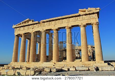 The Parthenon On The Acropolis In Athens, Greece With A Beautiful Blue Sky Copy Space And No People.