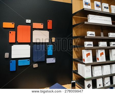 Paris, France - Oct 25, 2018: Apple Computers Protection Case For Ipad Pro, Apple Iwatch, Iphone, Ma