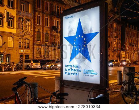 Strasbourg, France - Nov 25, 2018: Advertsimg Billboard In The Night City With Ad For The Upcoming 2