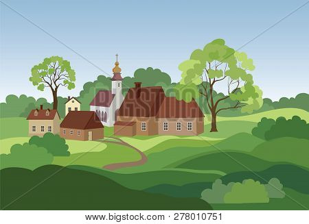 Rural Landscape With Hills, Fields, Trees And Countryhouse. Countryside Skyline.