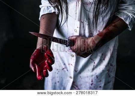 Ghost Woman Holding Knife For Kill A Herself With In House. Horror. Halloween.horror Of Scary Fear O