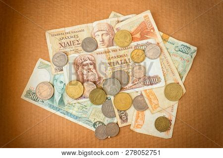 Different Coins Of Old Greek Drachma. Assortment Of Coins- Of One Hundred, Thousand,  Fifty, Twenty,