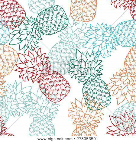 Seamless Pattern With Pineapples Color, Contour. Pineapple On White Background