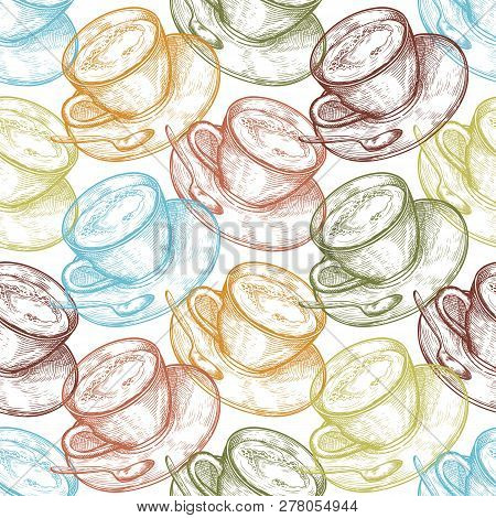 Hand Drawn Food Seamless Pattern, Cup (mug) Of Hot Drink (coffee, Tea Etc). Coffee Cup, Tea Cup